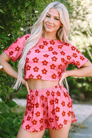 Rose Floral Print Crop Tee and Shorts Lounge Set - Fashion Queen -  1