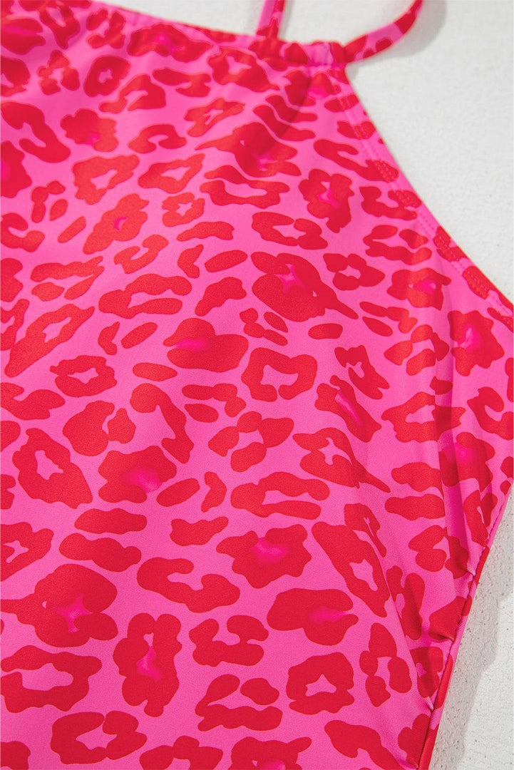 Rose Leopard Drawstring Side Tankini 2pcs Swimsuit - Fashion Queen -  14