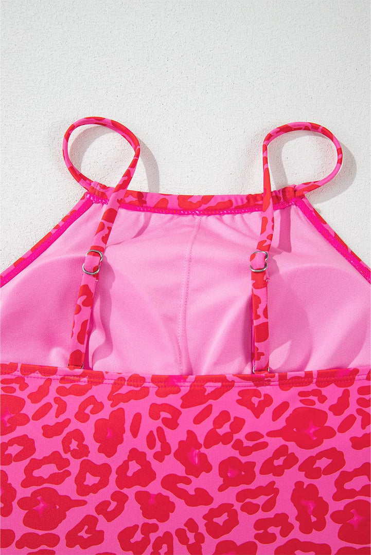Rose Leopard Drawstring Side Tankini 2pcs Swimsuit - Fashion Queen -  23