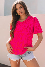 Rose Leopard Frilly V Neck Short Sleeve Blouse - Fashion Queen -  1