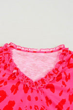 Load image into Gallery viewer, Rose Leopard Frilly V Neck Short Sleeve Blouse - Fashion Queen -  10
