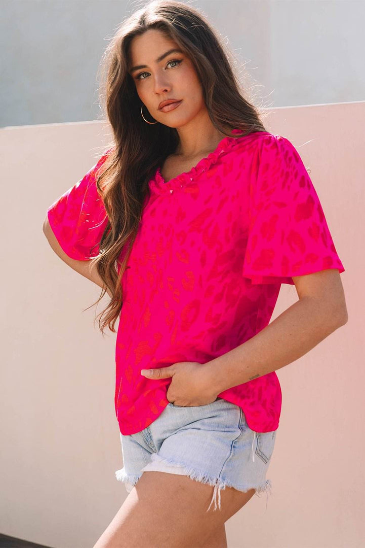 Rose Leopard Frilly V Neck Short Sleeve Blouse - Fashion Queen -  3