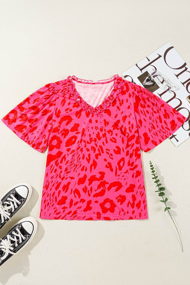 Rose Leopard Frilly V Neck Short Sleeve Blouse - Fashion Queen -  7