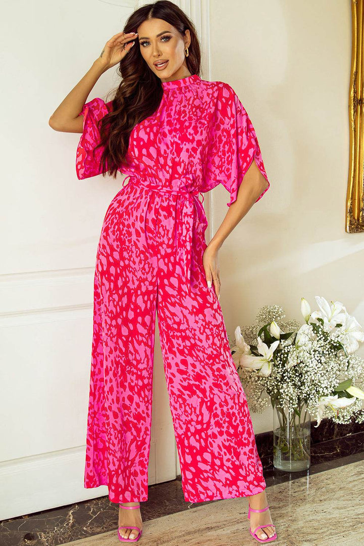 Rose Leopard Loose Sleeve Belted Wide Leg Jumpsuit - Fashion Queen -  1