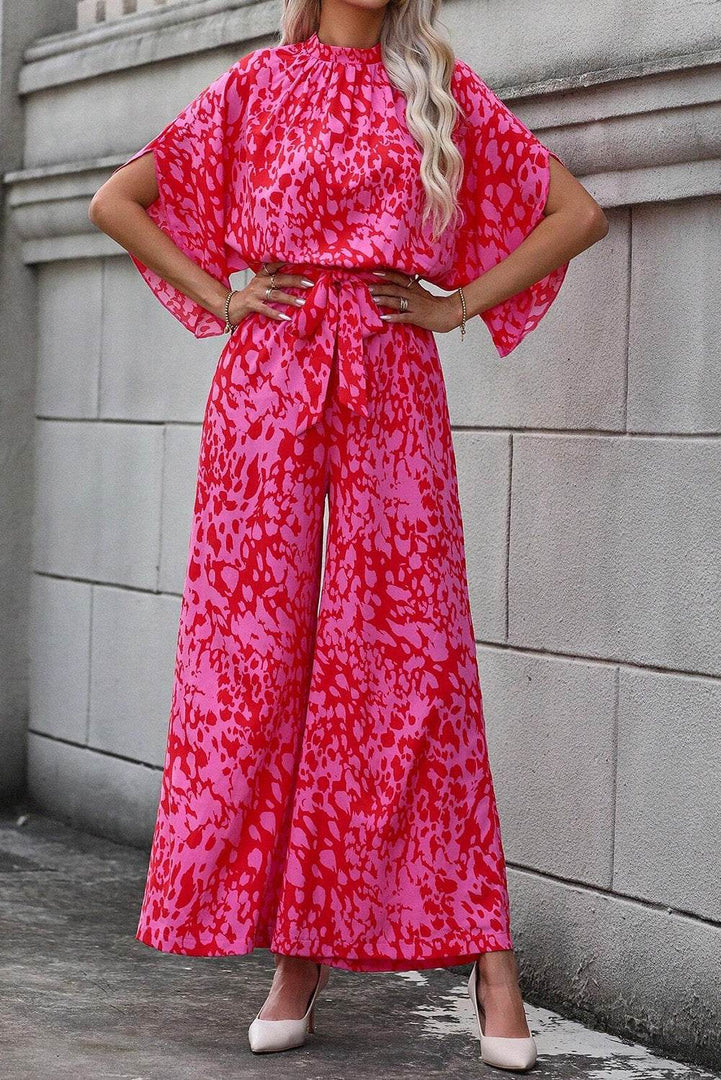 Rose Leopard Loose Sleeve Belted Wide Leg Jumpsuit - Fashion Queen -  10