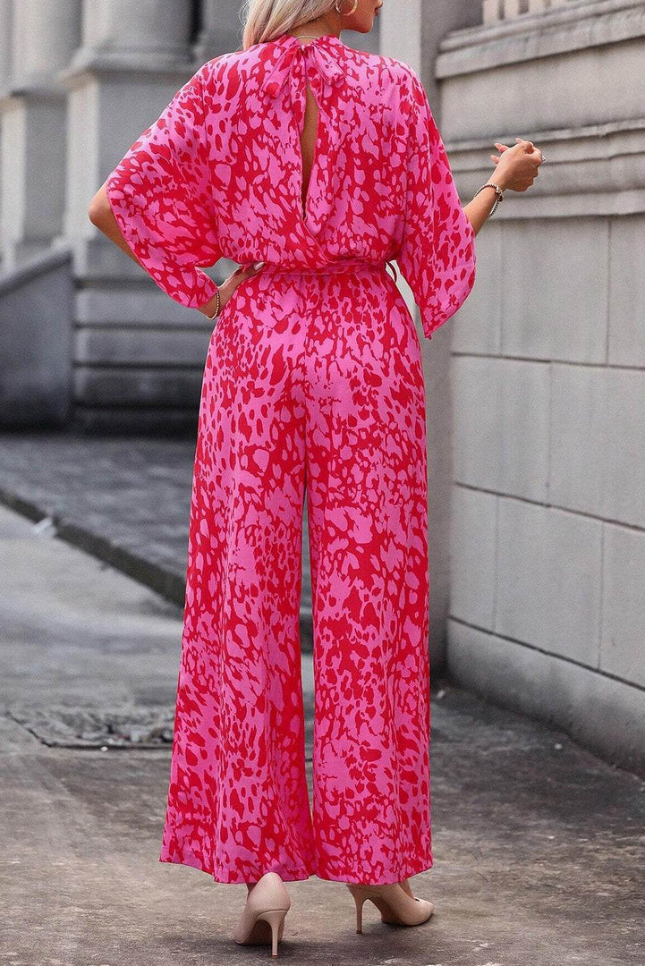Rose Leopard Loose Sleeve Belted Wide Leg Jumpsuit - Fashion Queen -  11