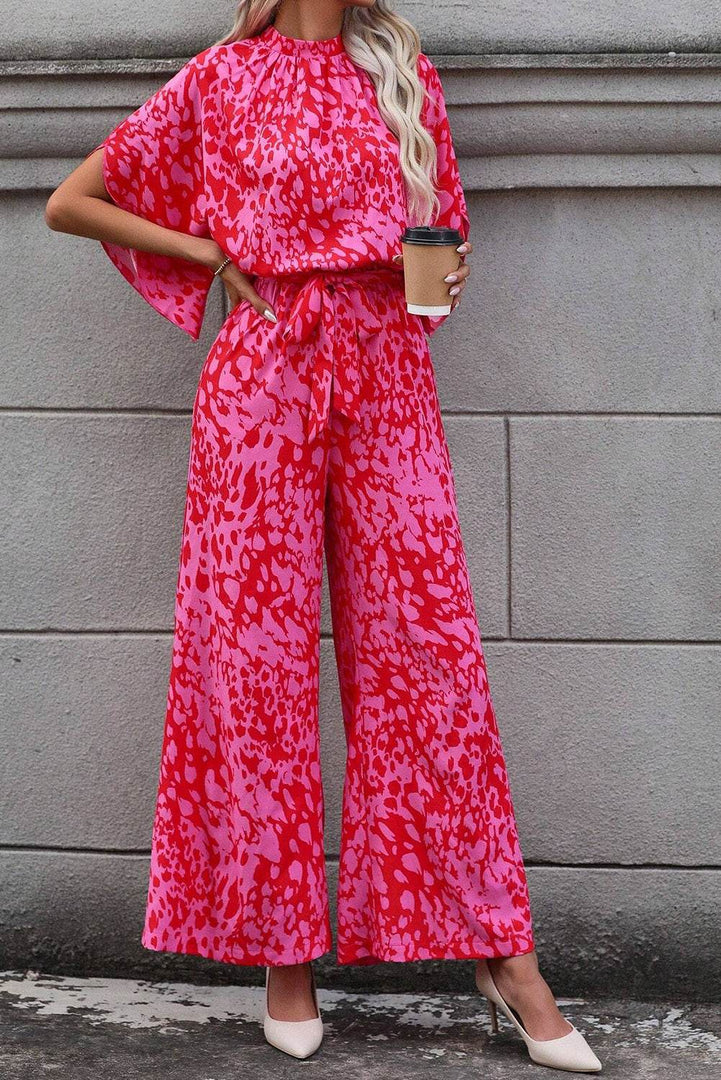 Rose Leopard Loose Sleeve Belted Wide Leg Jumpsuit - Fashion Queen -  12