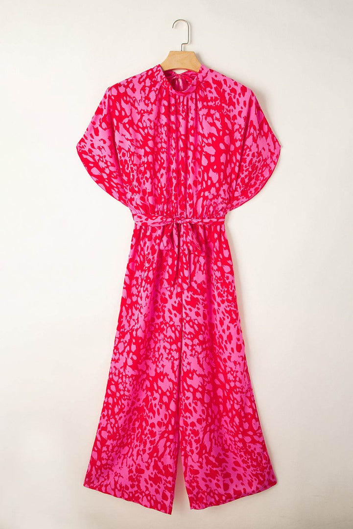 Rose Leopard Loose Sleeve Belted Wide Leg Jumpsuit - Fashion Queen -  13