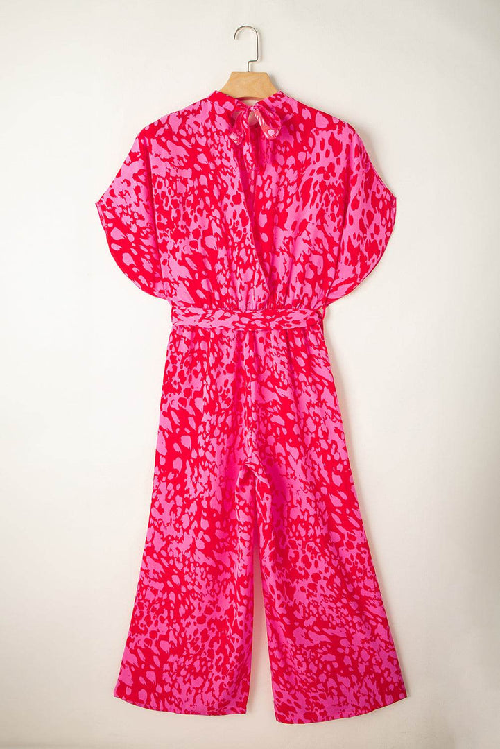 Rose Leopard Loose Sleeve Belted Wide Leg Jumpsuit - Fashion Queen -  14