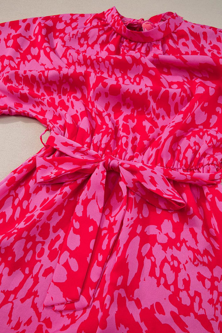 Rose Leopard Loose Sleeve Belted Wide Leg Jumpsuit - Fashion Queen -  16