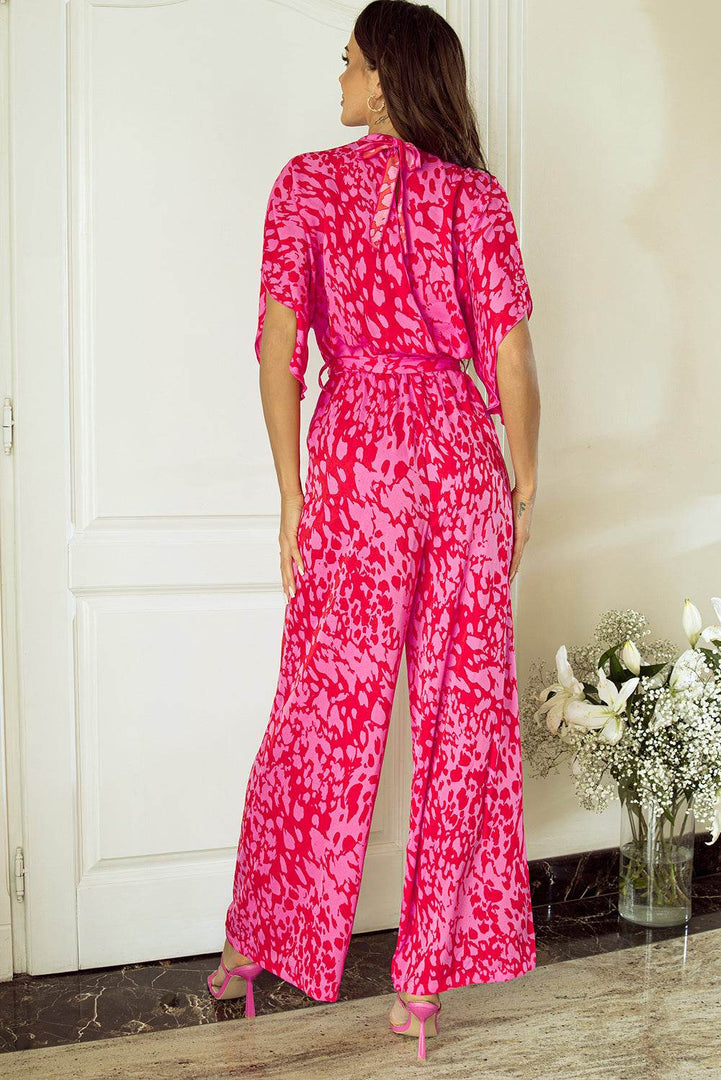 Rose Leopard Loose Sleeve Belted Wide Leg Jumpsuit - Fashion Queen -  2