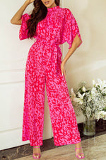 Load image into Gallery viewer, Rose Leopard Loose Sleeve Belted Wide Leg Jumpsuit - Fashion Queen -  6
