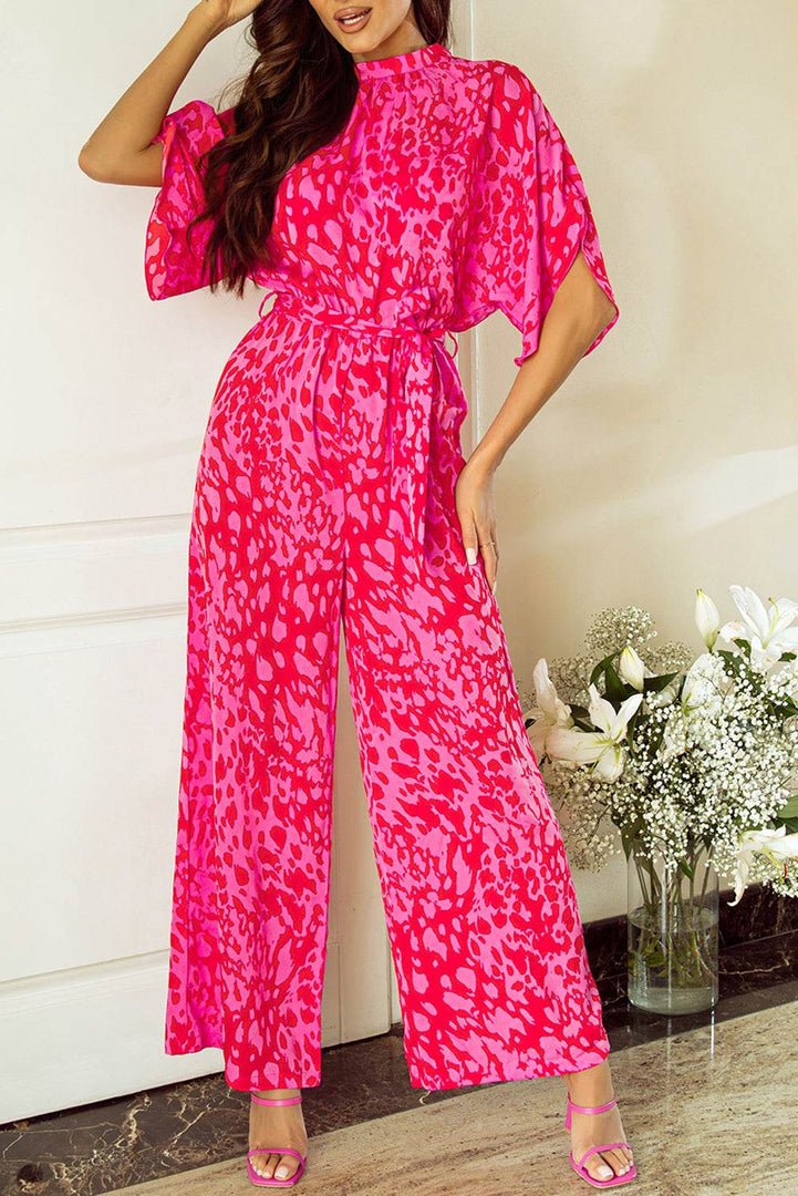 Rose Leopard Loose Sleeve Belted Wide Leg Jumpsuit - Fashion Queen -  6