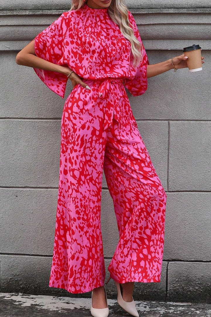Rose Leopard Loose Sleeve Belted Wide Leg Jumpsuit - Fashion Queen -  7