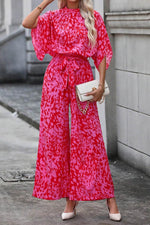 Load image into Gallery viewer, Rose Leopard Loose Sleeve Belted Wide Leg Jumpsuit - Fashion Queen -  8
