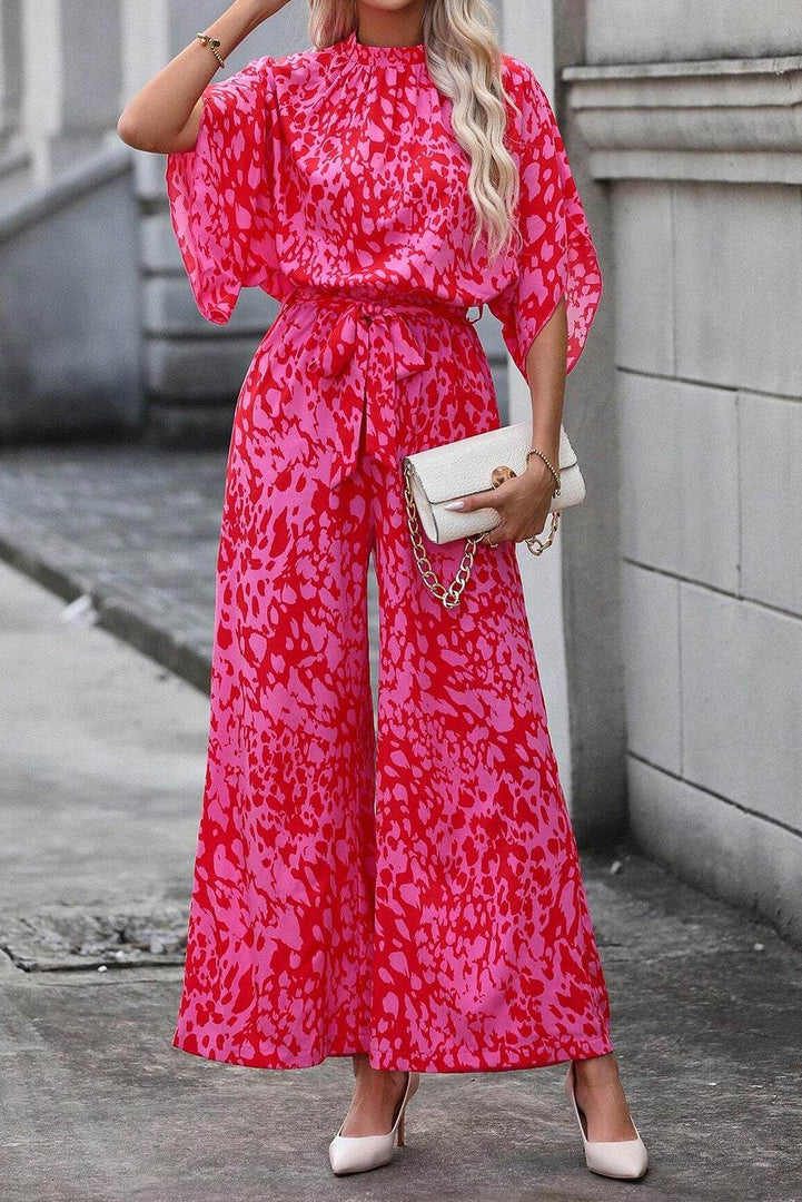 Rose Leopard Loose Sleeve Belted Wide Leg Jumpsuit - Fashion Queen -  8