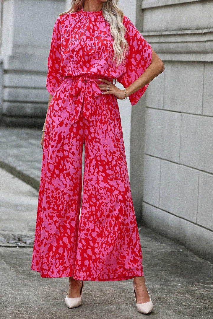 Rose Leopard Loose Sleeve Belted Wide Leg Jumpsuit - Fashion Queen -  9