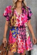 Load image into Gallery viewer, Rose Leopard Print Short Sleeve Tiered Ruffle Mini Dress - Fashion Queen -  1
