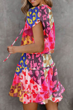 Load image into Gallery viewer, Rose Leopard Print Short Sleeve Tiered Ruffle Mini Dress - Fashion Queen -  2
