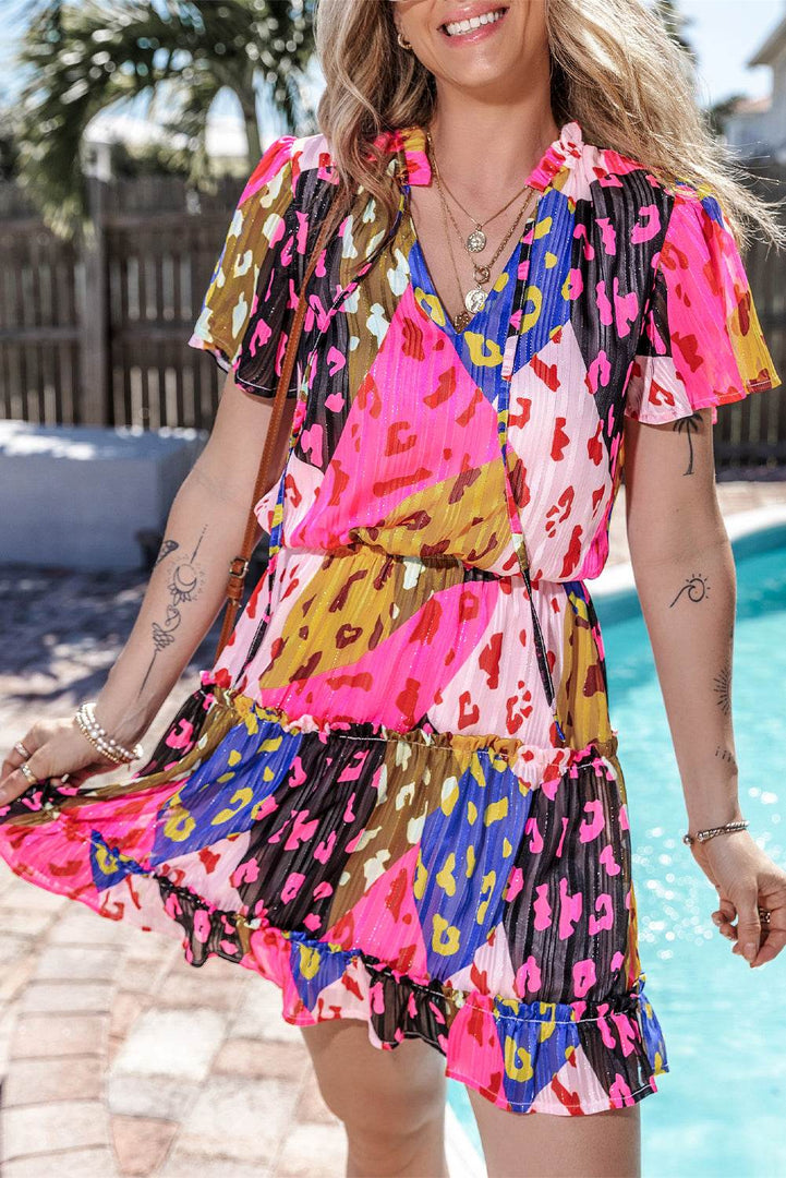 Rose Leopard Print Short Sleeve Tiered Ruffle Mini Dress - Fashion Queen -  5