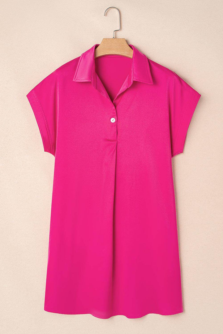 Rose Red Buttoned Collar Shift T-shirt Mini Dress - Fashion Queen -  5