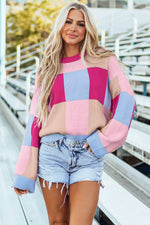 Load image into Gallery viewer, Rose Red Color Block Drop Shoulder Crewneck Loose Fit Sweater - Fashion Queen -  1
