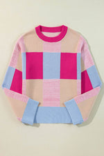 Load image into Gallery viewer, Rose Red Color Block Drop Shoulder Crewneck Loose Fit Sweater - Fashion Queen -  10
