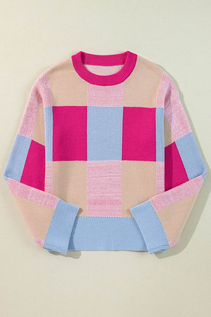 Rose Red Color Block Drop Shoulder Crewneck Loose Fit Sweater - Fashion Queen -  10