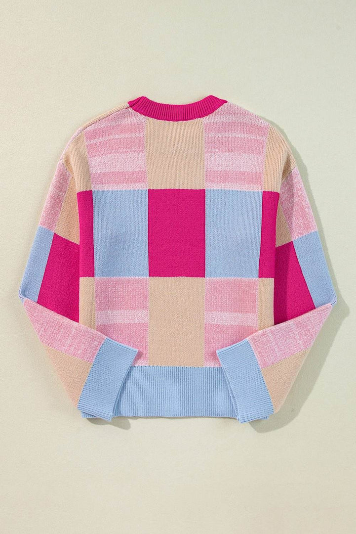 Rose Red Color Block Drop Shoulder Crewneck Loose Fit Sweater - Fashion Queen -  11