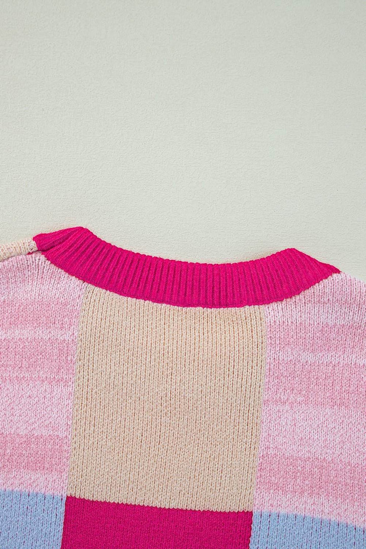 Rose Red Color Block Drop Shoulder Crewneck Loose Fit Sweater - Fashion Queen -  16