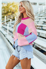 Load image into Gallery viewer, Rose Red Color Block Drop Shoulder Crewneck Loose Fit Sweater - Fashion Queen -  3
