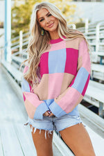 Load image into Gallery viewer, Rose Red Color Block Drop Shoulder Crewneck Loose Fit Sweater - Fashion Queen -  4
