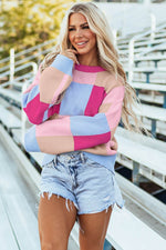 Load image into Gallery viewer, Rose Red Color Block Drop Shoulder Crewneck Loose Fit Sweater - Fashion Queen -  5
