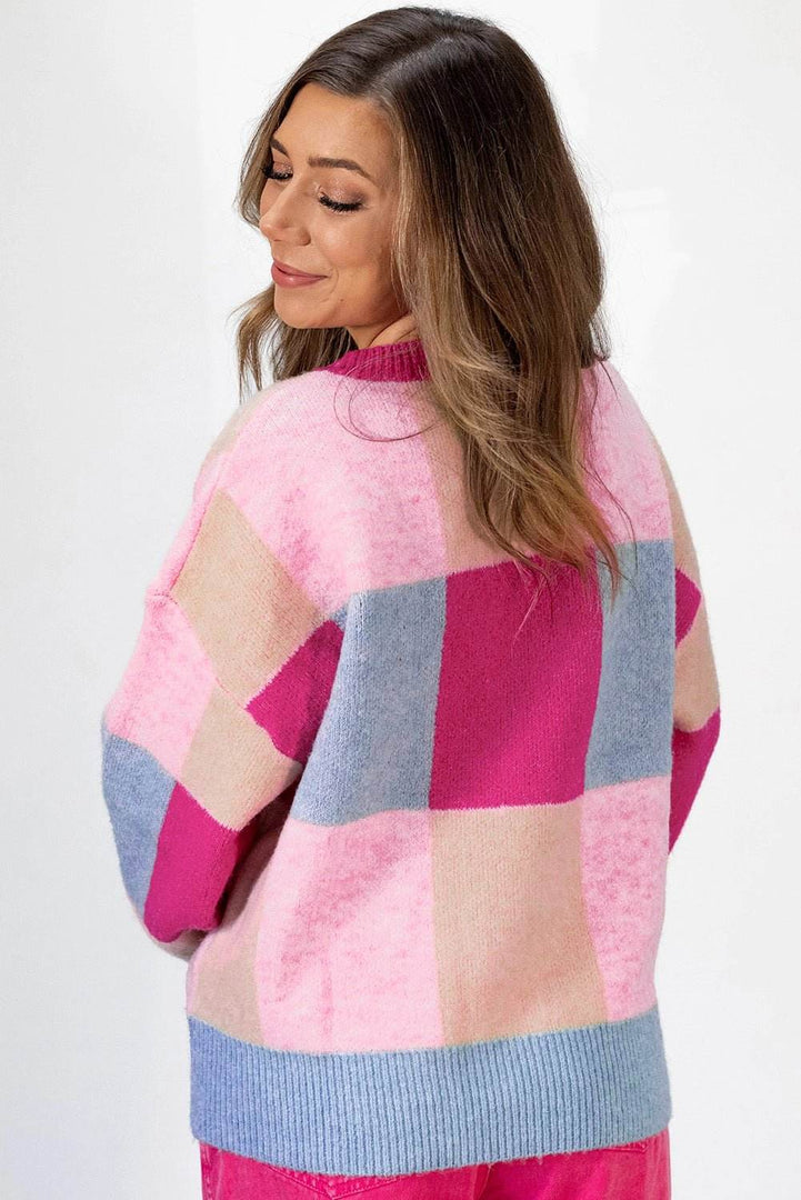 Rose Red Color Block Drop Shoulder Crewneck Loose Fit Sweater - Fashion Queen -  8