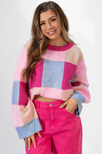 Load image into Gallery viewer, Rose Red Color Block Drop Shoulder Crewneck Loose Fit Sweater - Fashion Queen -  9
