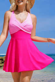 Rose Red Crisscross Straps Tie Back Flared One Piece Swimsuit - Fashion Queen -  1