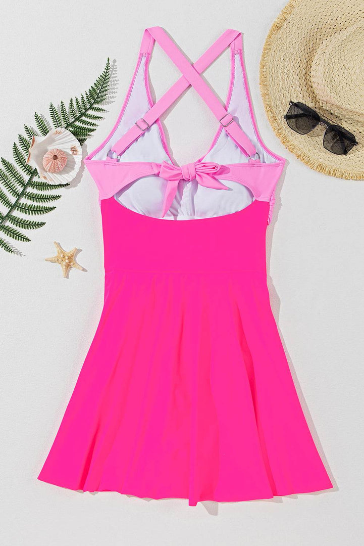 Rose Red Crisscross Straps Tie Back Flared One Piece Swimsuit - Fashion Queen -  14
