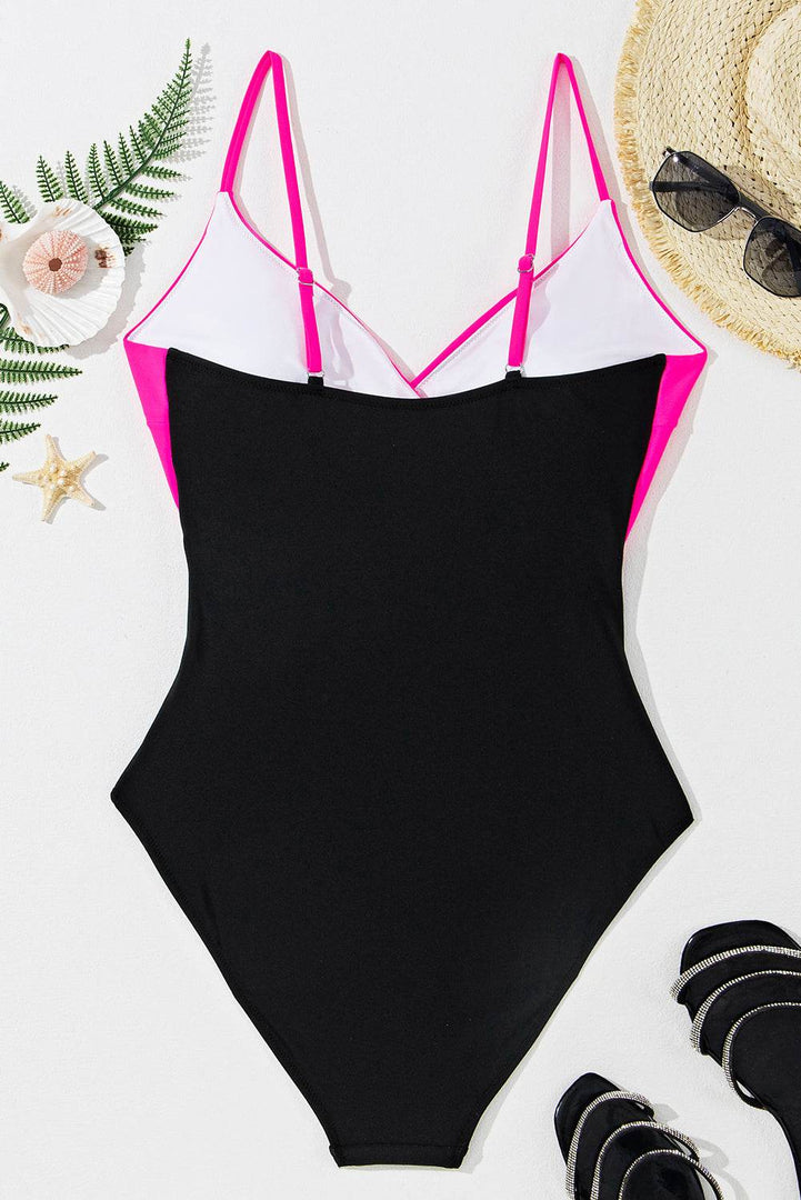 Rose Red Crossover Colorblock Cutout One Piece Swimsuit - Fashion Queen -  19