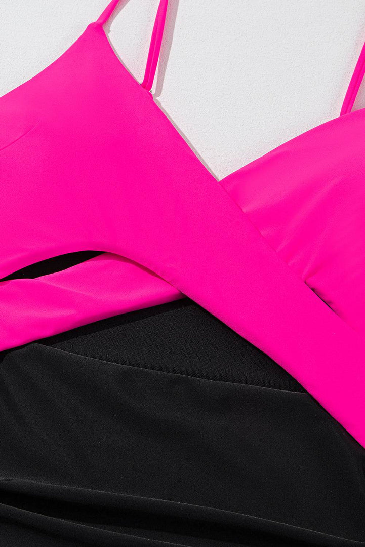 Rose Red Crossover Colorblock Cutout One Piece Swimsuit - Fashion Queen -  21