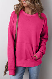 Rose Red Drop Shoulder Crisscross Stitching Pocketed Loose Sweatshirt - Fashion Queen -  1