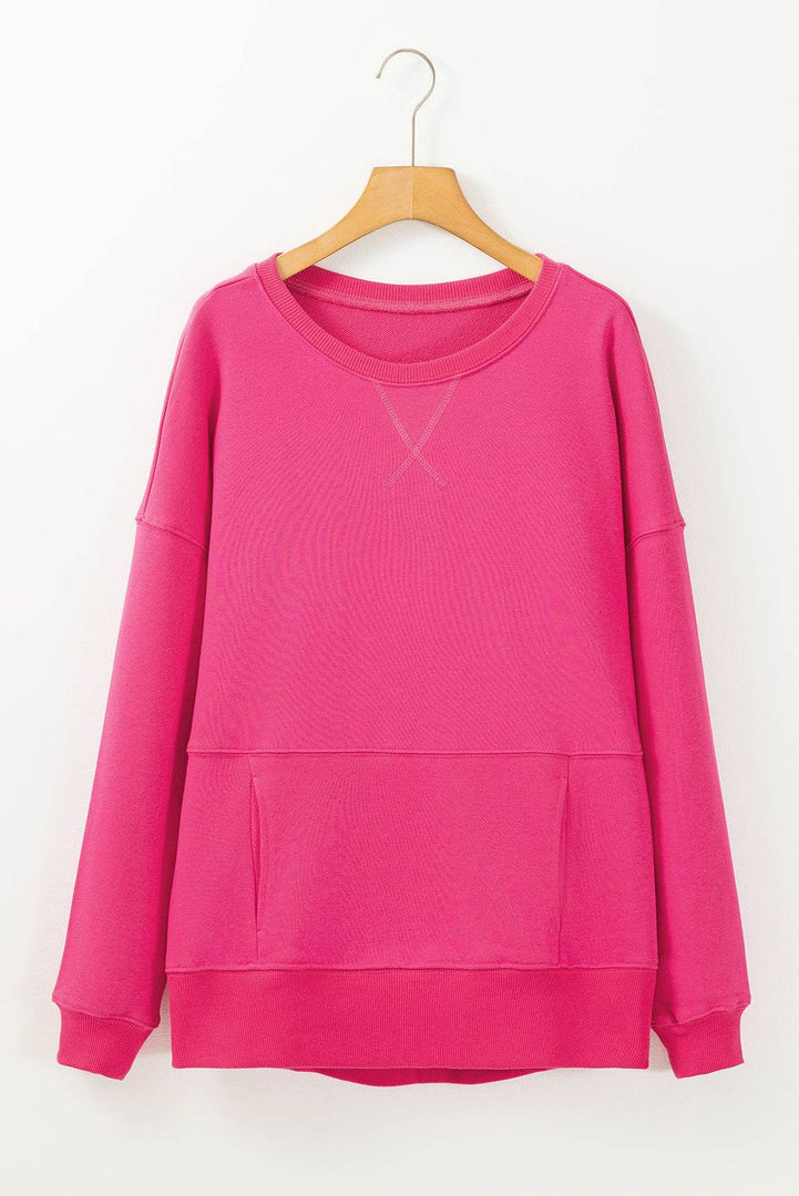 Rose Red Drop Shoulder Crisscross Stitching Pocketed Loose Sweatshirt - Fashion Queen -  10