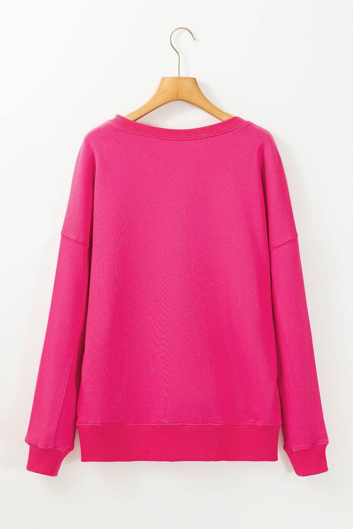 Rose Red Drop Shoulder Crisscross Stitching Pocketed Loose Sweatshirt - Fashion Queen -  11