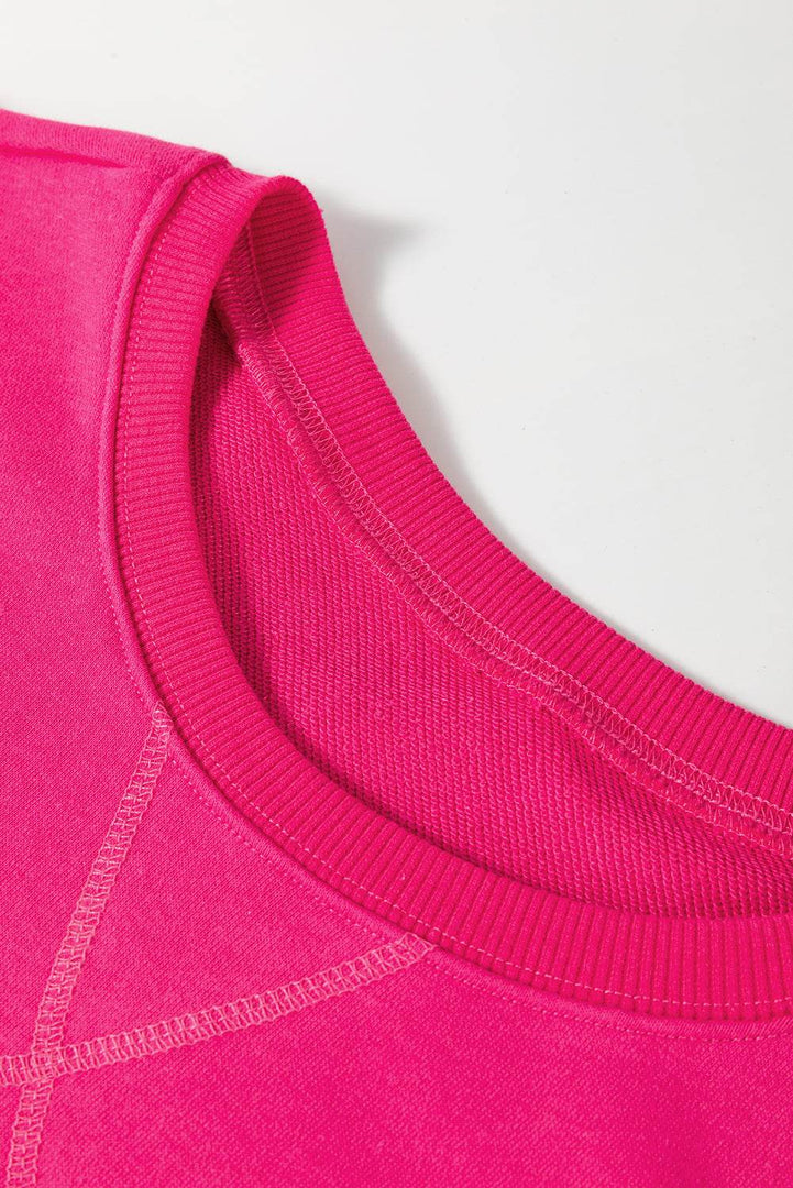 Rose Red Drop Shoulder Crisscross Stitching Pocketed Loose Sweatshirt - Fashion Queen -  13
