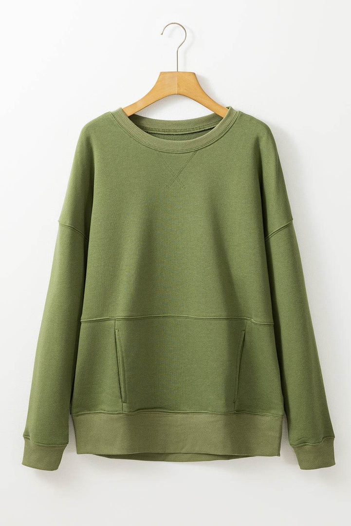 Rose Red Drop Shoulder Crisscross Stitching Pocketed Loose Sweatshirt - Fashion Queen -  24