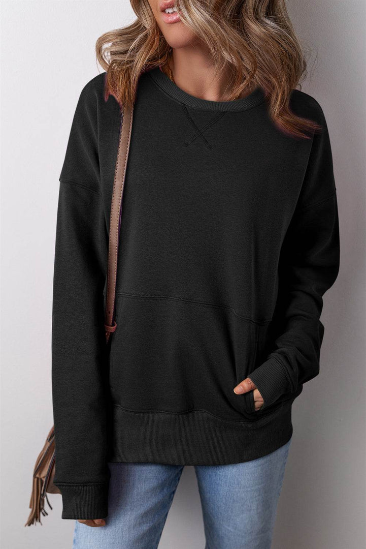 Rose Red Drop Shoulder Crisscross Stitching Pocketed Loose Sweatshirt - Fashion Queen -  4