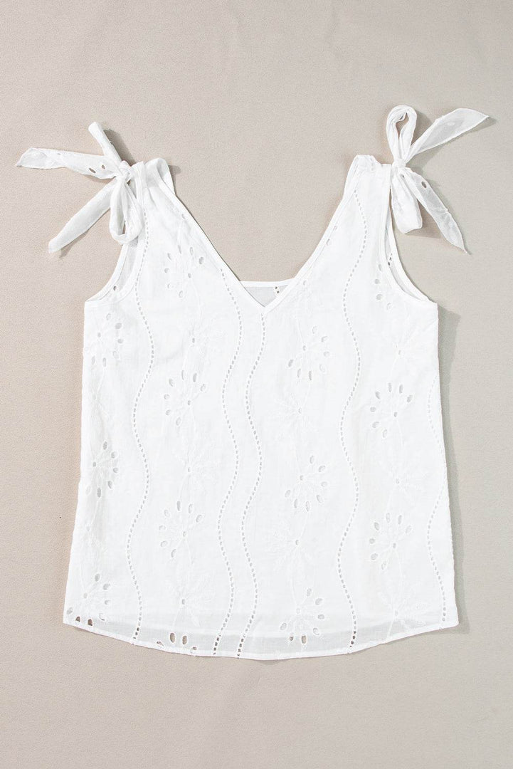 Rose Red Embroidery Patterned Knotted Straps V Neck Tank Top - Fashion Queen -  18