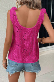 Rose Red Embroidery Patterned Knotted Straps V Neck Tank Top - Fashion Queen -  2