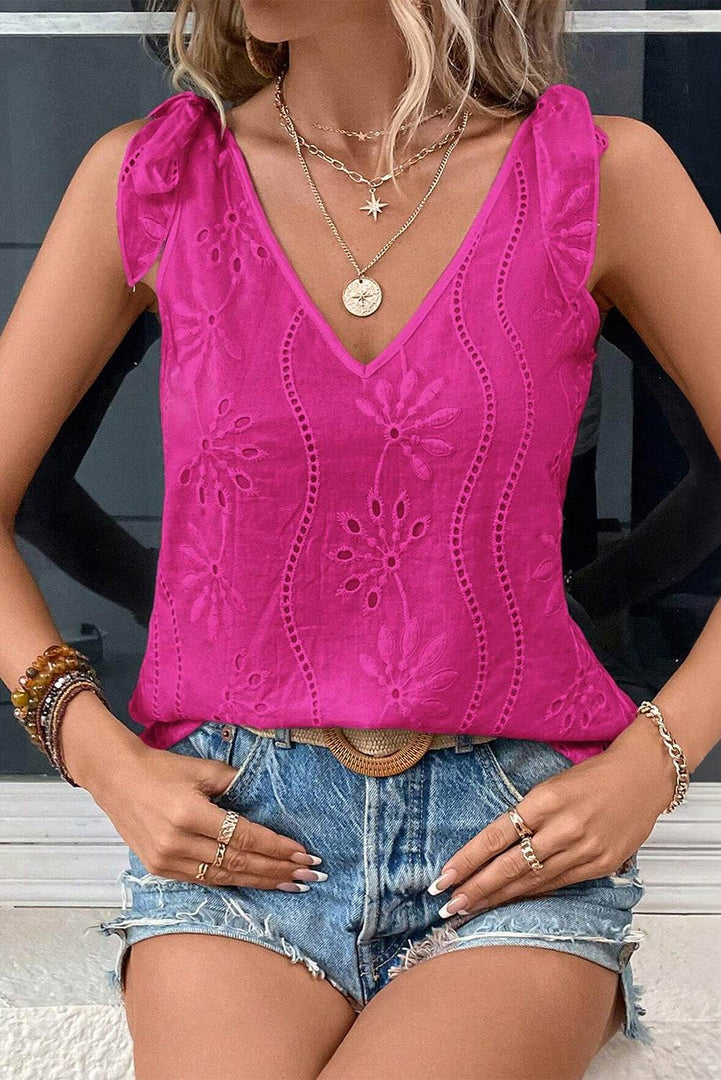 Rose Red Embroidery Patterned Knotted Straps V Neck Tank Top - Fashion Queen -  3