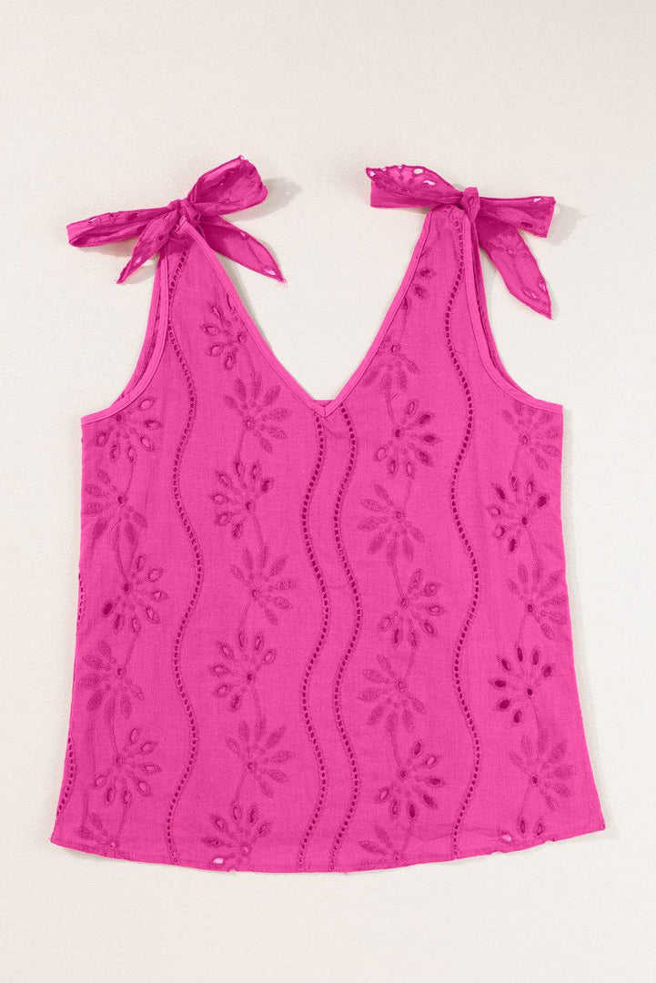 Rose Red Embroidery Patterned Knotted Straps V Neck Tank Top - Fashion Queen -  9