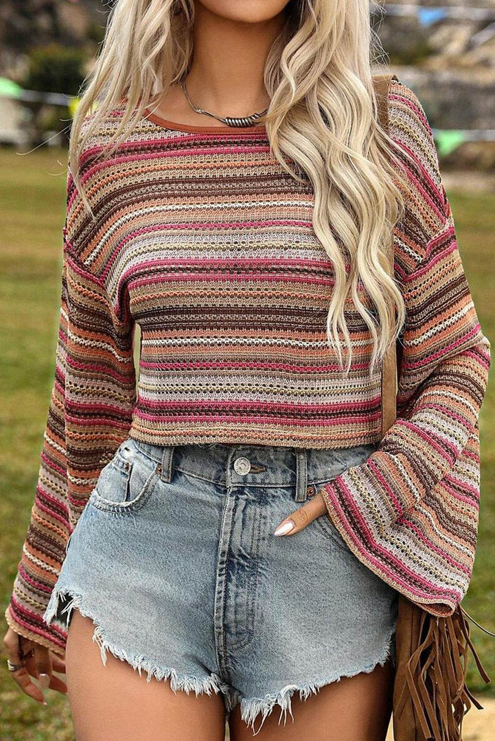 Rose Red Ethnic Striped Wide Cropped Long Sleeve Top - Fashion Queen -  1